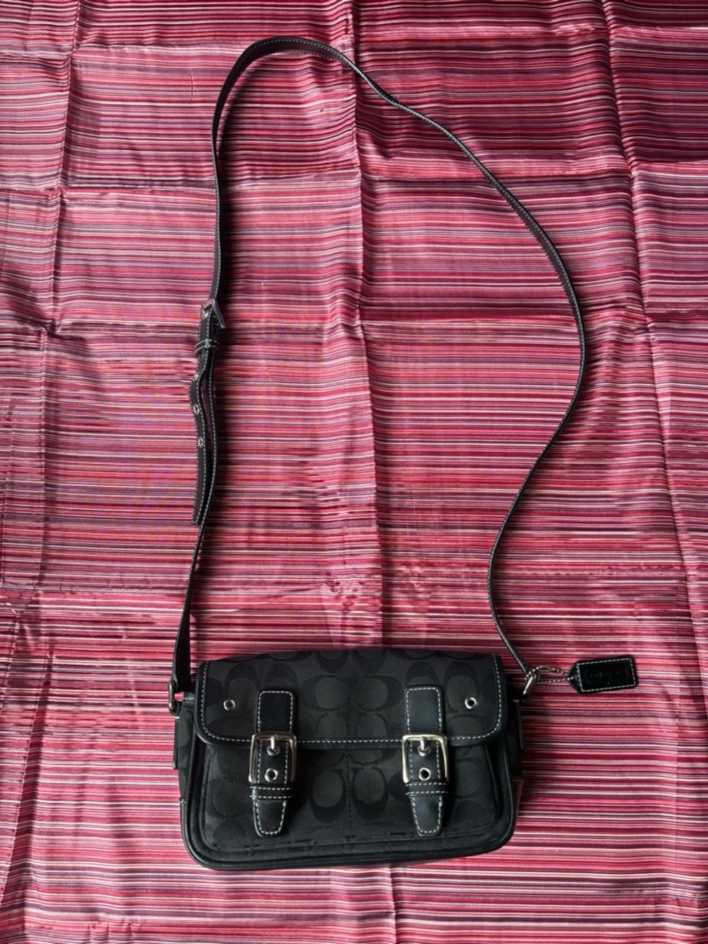 2005 Coach Black Signature Monogram Crossbody Bag with Buckle Straps